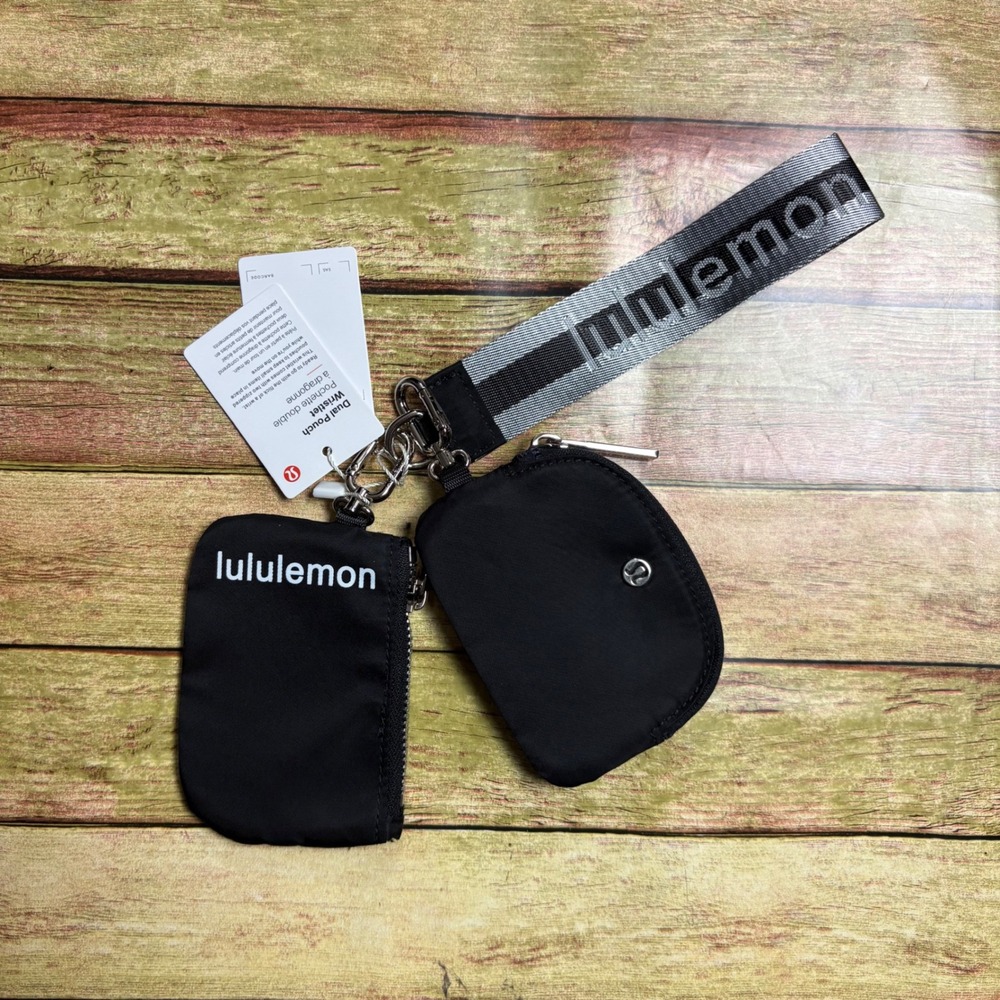 Lululemon Dual Pouch Wristlet Black White Logo Strap New NWT